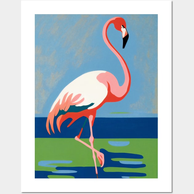 Flamingo Against Blue and Green Background Wall Art by Walter WhatsHisFace